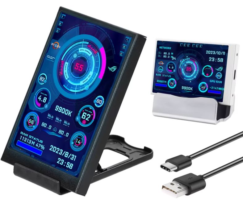 Tela Secundária para Computador (CPU, RAM, GPU, HDD, Monitor 32")  3.5 Polegadas Tipo-C –