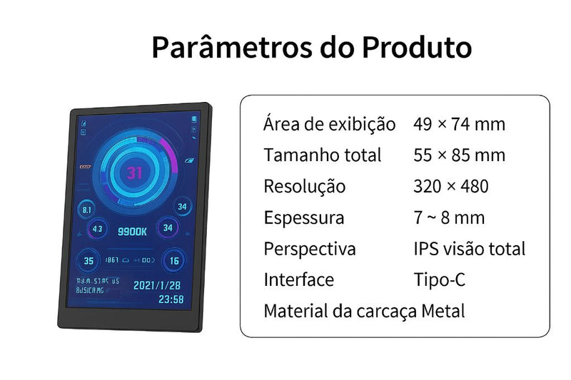 Tela Secundária para Computador (CPU, RAM, GPU, HDD, Monitor 32")  3.5 Polegadas Tipo-C –