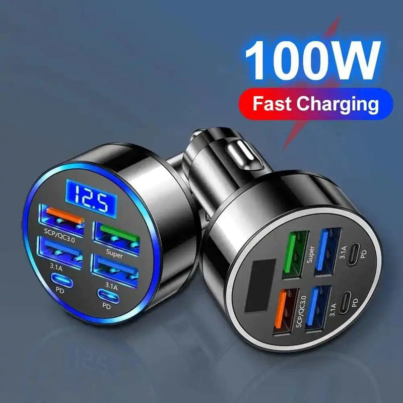 Carregador de Carro 100W com 6 Portas – Carregamento Rápido PD + QC3.0 USB-C