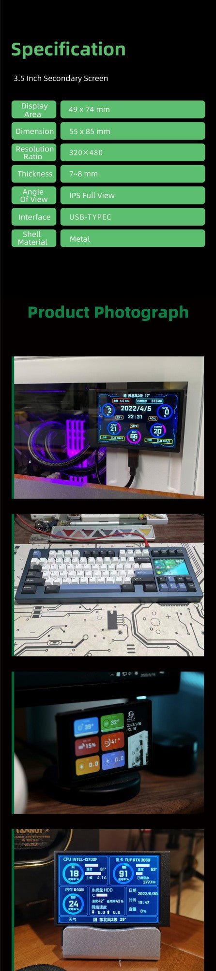 Tela Secundária para Computador (CPU, RAM, GPU, HDD, Monitor 32")  3.5 Polegadas Tipo-C –