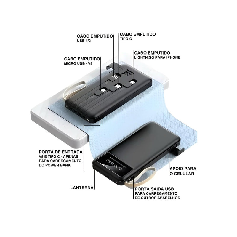 Carregador Portátil 4 Saídas Visor e Lanterna 10000mAh A'Gold BTE-18A